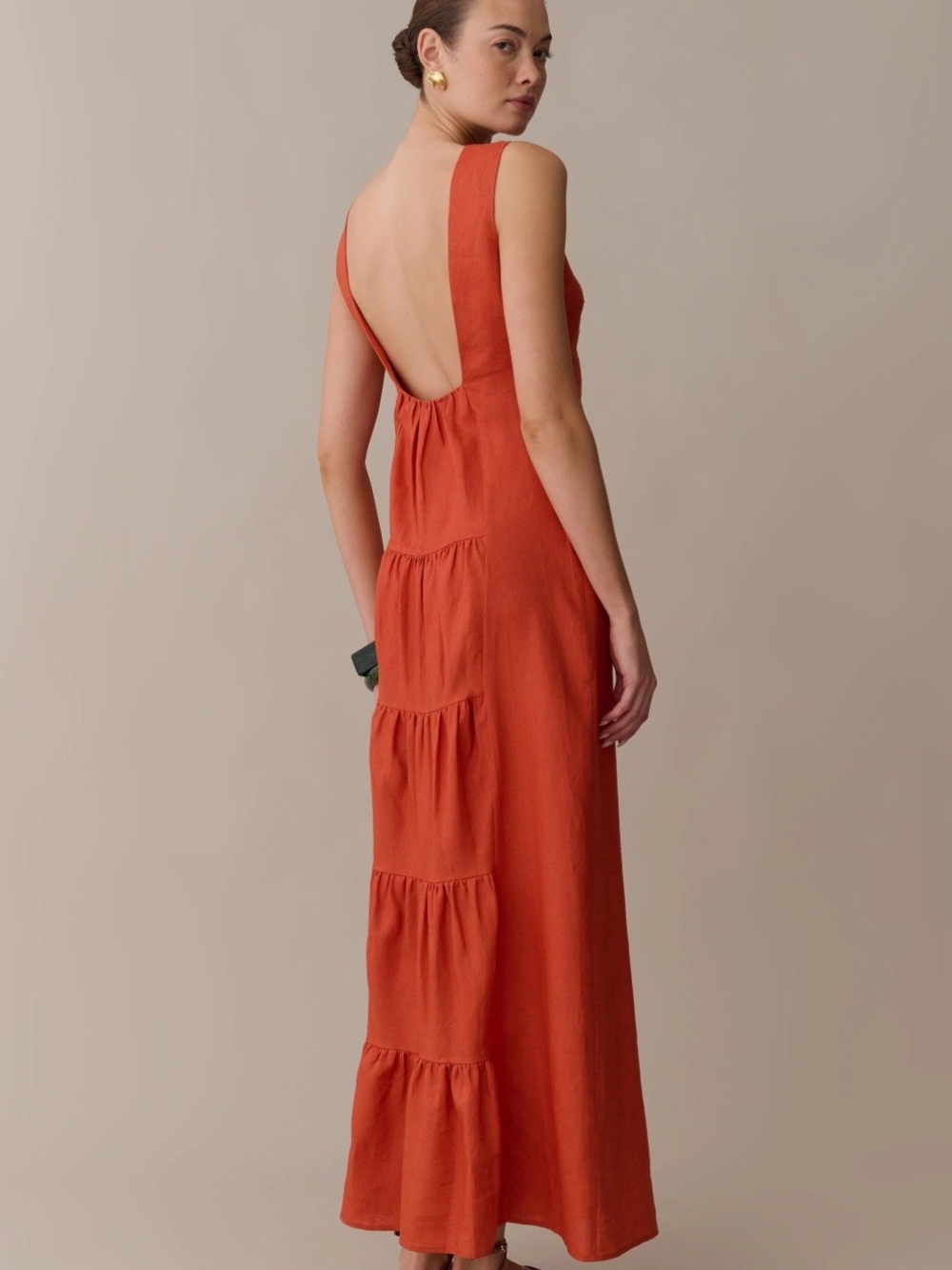 Few Moda o.p.t., Coast Backless Linen Tiered Maxi Dress in Rust